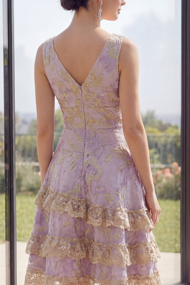 Load image into Gallery viewer, Short V-Neck A Line Jacquard Dusty Lilac Wedding Guest Dress with Ruffles