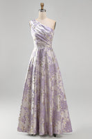 Load image into Gallery viewer, Long One Shoulder Ruched Jacquard Dusty Lilac A Line Floral Wedding Guest Dress