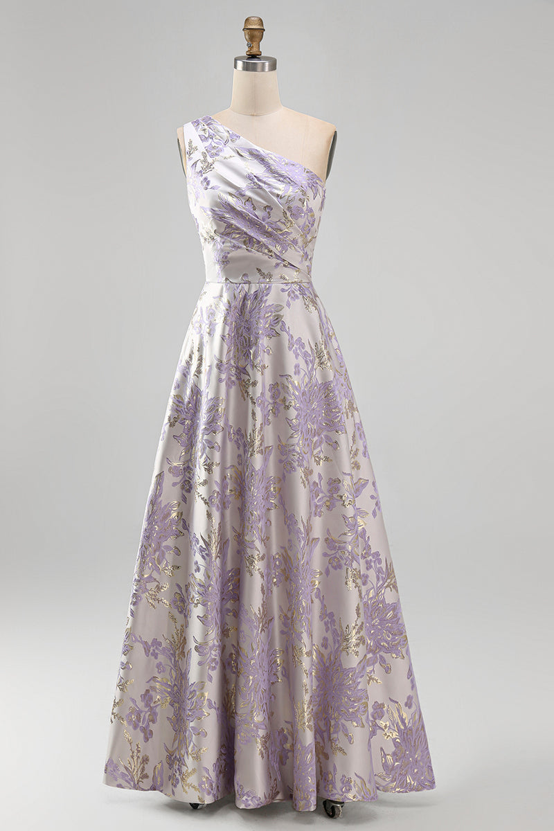 Load image into Gallery viewer, Long One Shoulder Ruched Jacquard Dusty Lilac A Line Floral Wedding Guest Dress