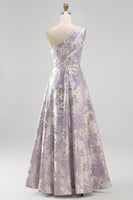 Load image into Gallery viewer, Long One Shoulder Ruched Jacquard Dusty Lilac A Line Floral Wedding Guest Dress