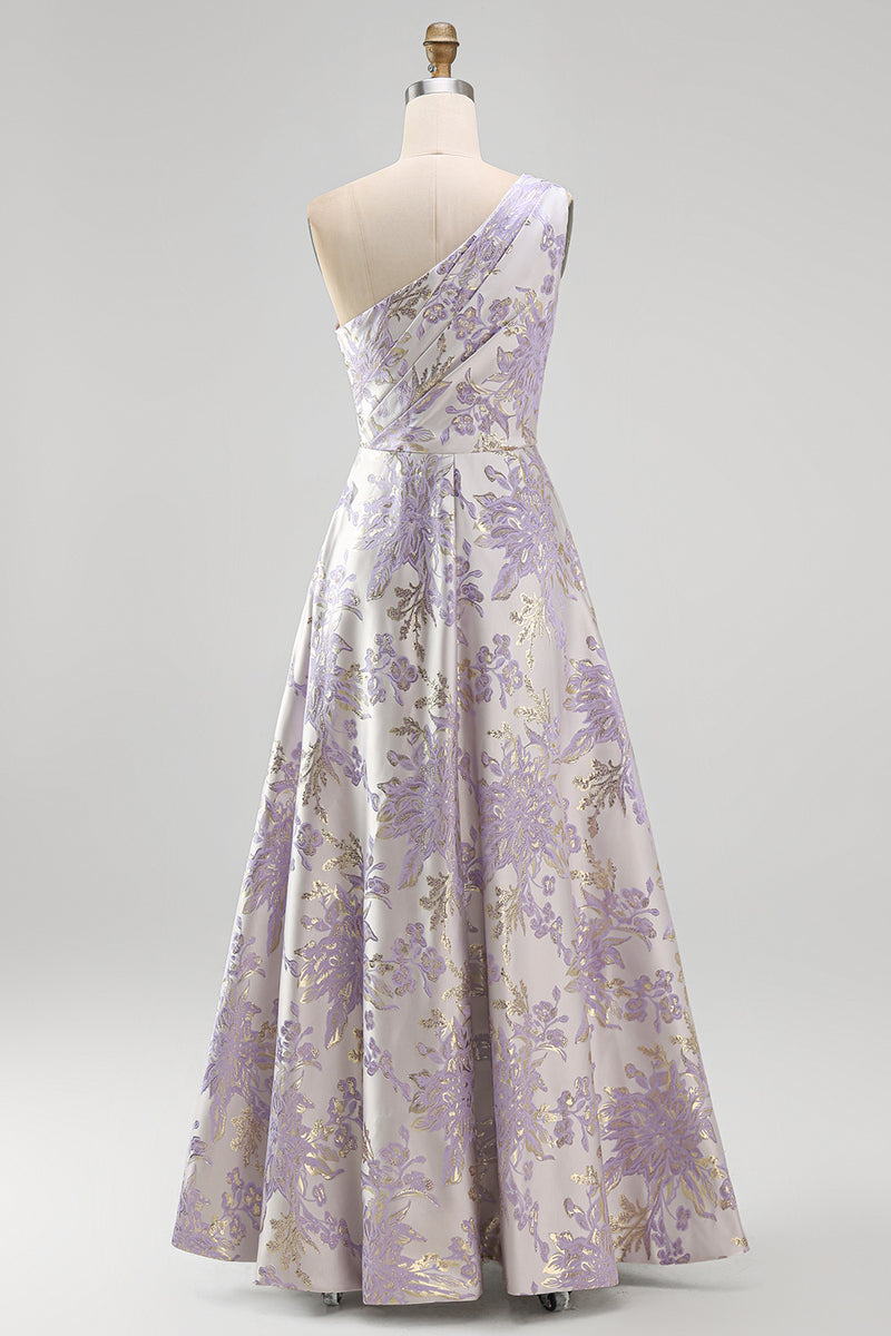 Load image into Gallery viewer, Long One Shoulder Ruched Jacquard Dusty Lilac A Line Floral Wedding Guest Dress
