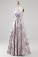 Load image into Gallery viewer, Long One Shoulder Ruched Jacquard Dusty Lilac A Line Floral Wedding Guest Dress
