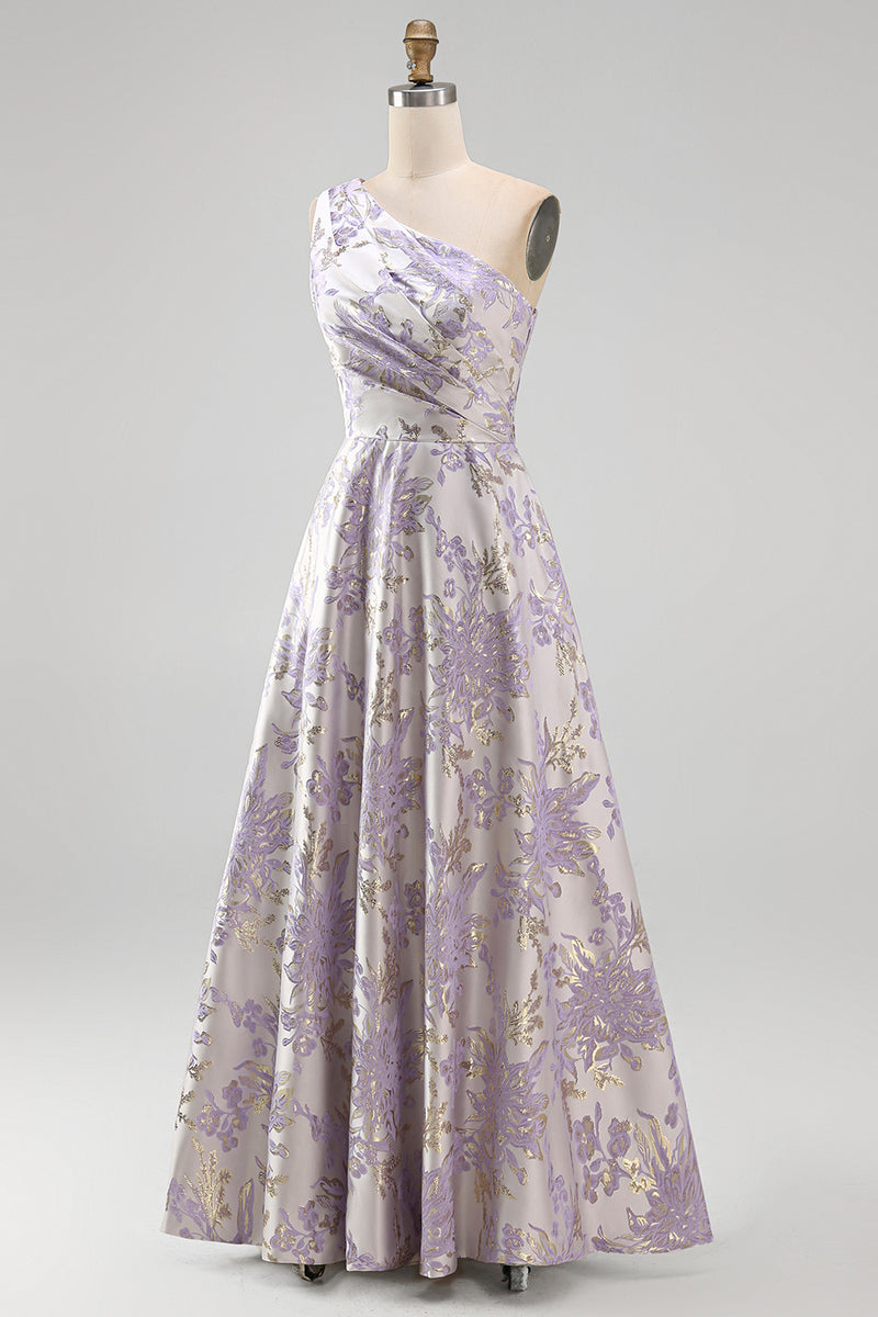 Load image into Gallery viewer, Long One Shoulder Ruched Jacquard Dusty Lilac A Line Floral Wedding Guest Dress