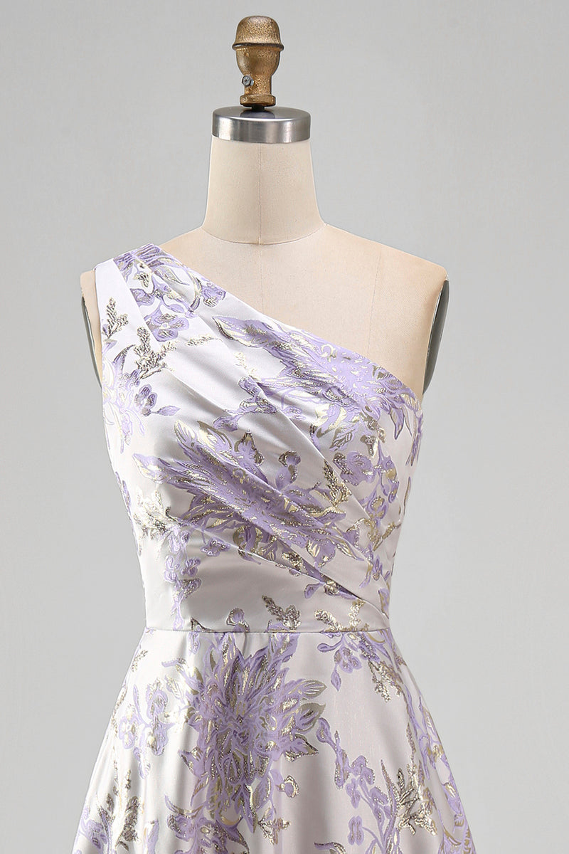 Load image into Gallery viewer, Long One Shoulder Ruched Jacquard Dusty Lilac A Line Floral Wedding Guest Dress