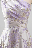 Load image into Gallery viewer, Long One Shoulder Ruched Jacquard Dusty Lilac A Line Floral Wedding Guest Dress