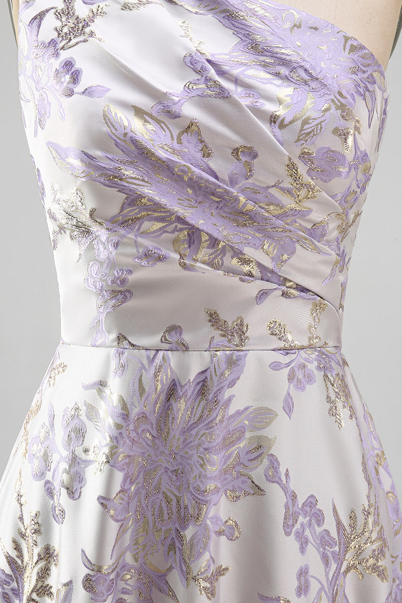 Load image into Gallery viewer, Long One Shoulder Ruched Jacquard Dusty Lilac A Line Floral Wedding Guest Dress
