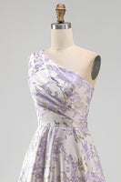 Load image into Gallery viewer, Long One Shoulder Ruched Jacquard Dusty Lilac A Line Floral Wedding Guest Dress