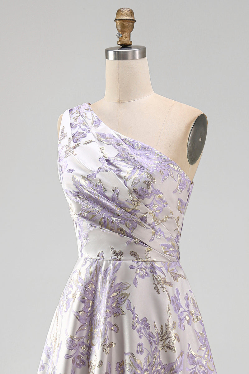 Load image into Gallery viewer, Long One Shoulder Ruched Jacquard Dusty Lilac A Line Floral Wedding Guest Dress