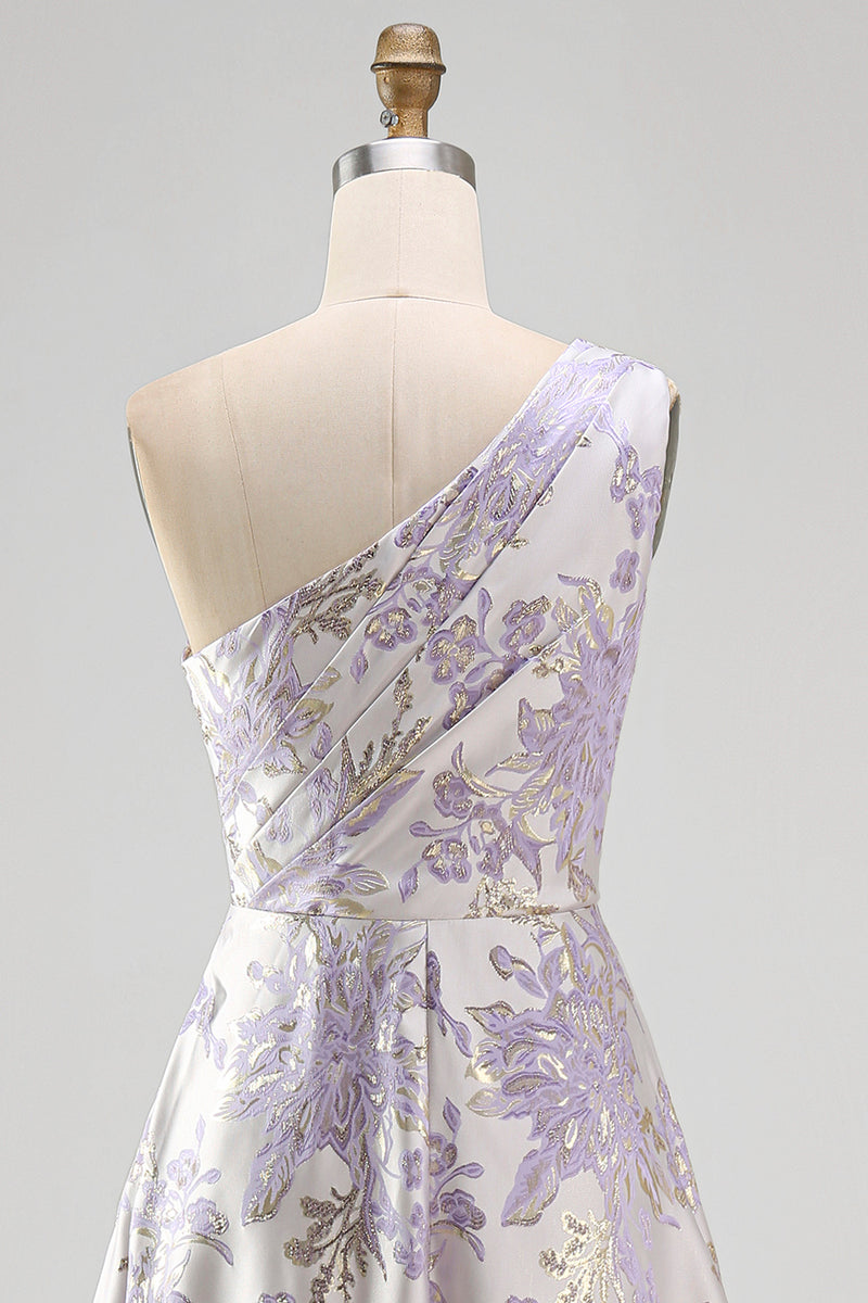 Load image into Gallery viewer, Long One Shoulder Ruched Jacquard Dusty Lilac A Line Floral Wedding Guest Dress