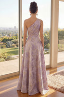 Load image into Gallery viewer, Long One Shoulder Ruched Jacquard Dusty Lilac A Line Floral Wedding Guest Dress