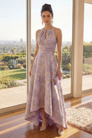 Load image into Gallery viewer, Keyhole Ruched Jacquard Dusty Lilac A Line Floral High Low Wedding Guest Dress