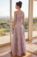 Load image into Gallery viewer, Keyhole Ruched Jacquard Dusty Lilac A Line Floral High Low Wedding Guest Dress