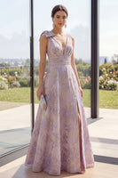 Load image into Gallery viewer, Long Ruched Dusty Lilac A Line Jacquard Floral V-Neck Wedding Guest Dress with Slit