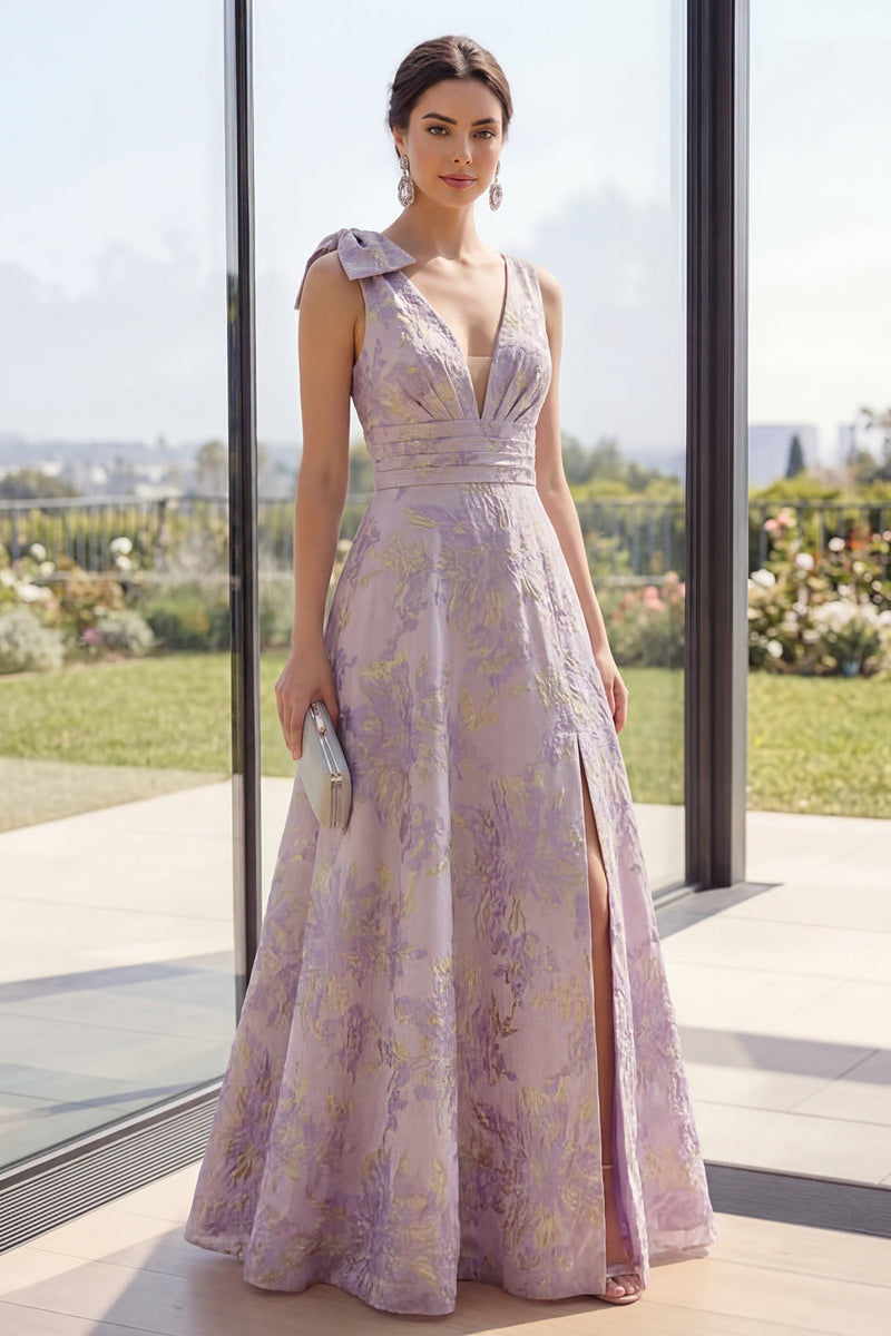 Load image into Gallery viewer, Long Ruched Dusty Lilac A Line Jacquard Floral V-Neck Wedding Guest Dress with Slit