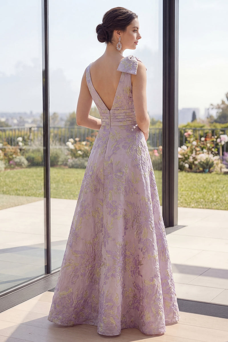 Load image into Gallery viewer, Long Ruched Dusty Lilac A Line Jacquard Floral V-Neck Wedding Guest Dress with Slit
