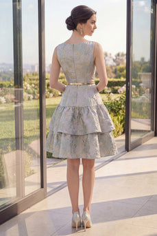 Short A Line Dusty Blue Ruffled Boat Neck Jacquard Wedding Guest Dress with Belt