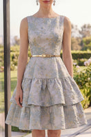Load image into Gallery viewer, Short A Line Dusty Blue Ruffled Boat Neck Jacquard Wedding Guest Dress with Belt