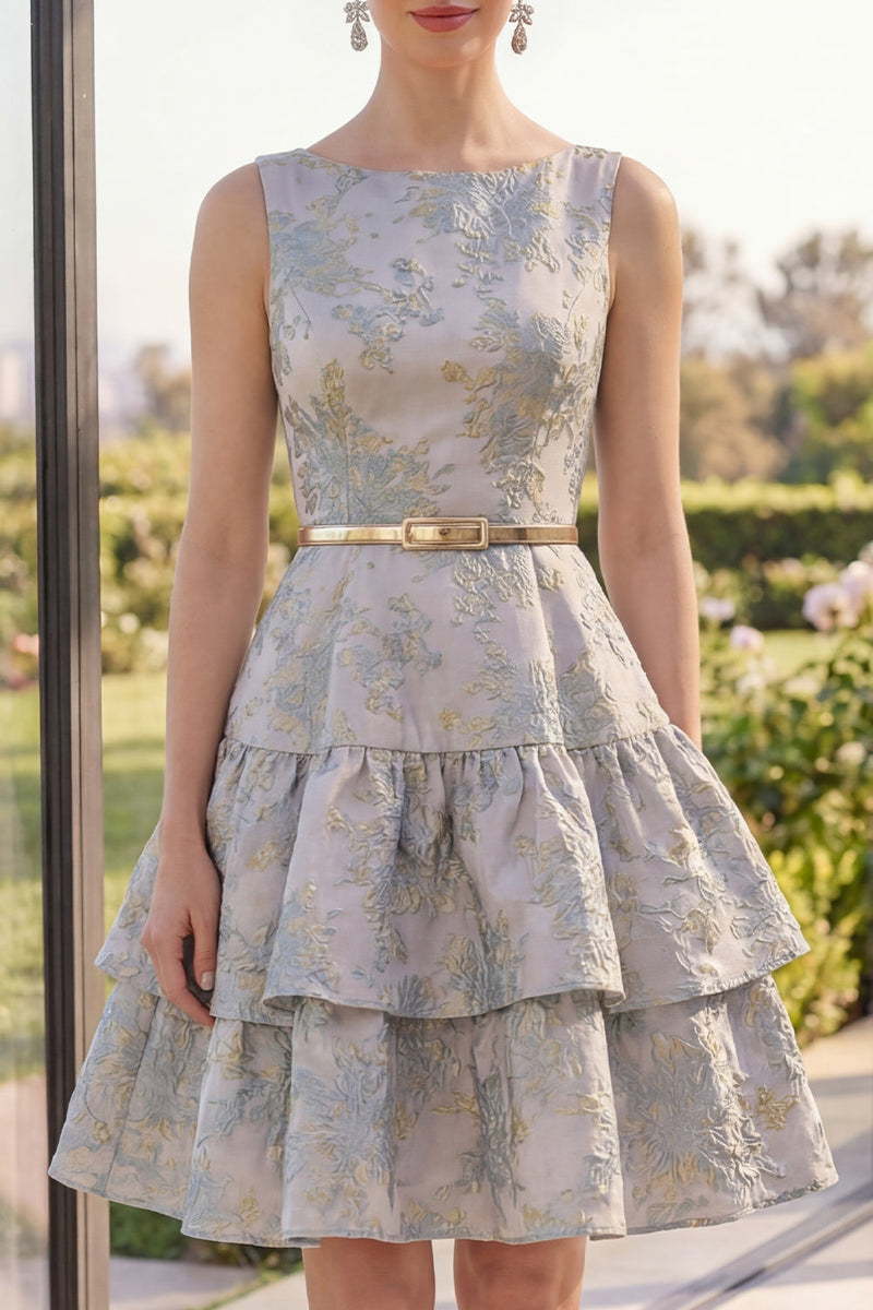 Load image into Gallery viewer, Short A Line Dusty Blue Ruffled Boat Neck Jacquard Wedding Guest Dress with Belt