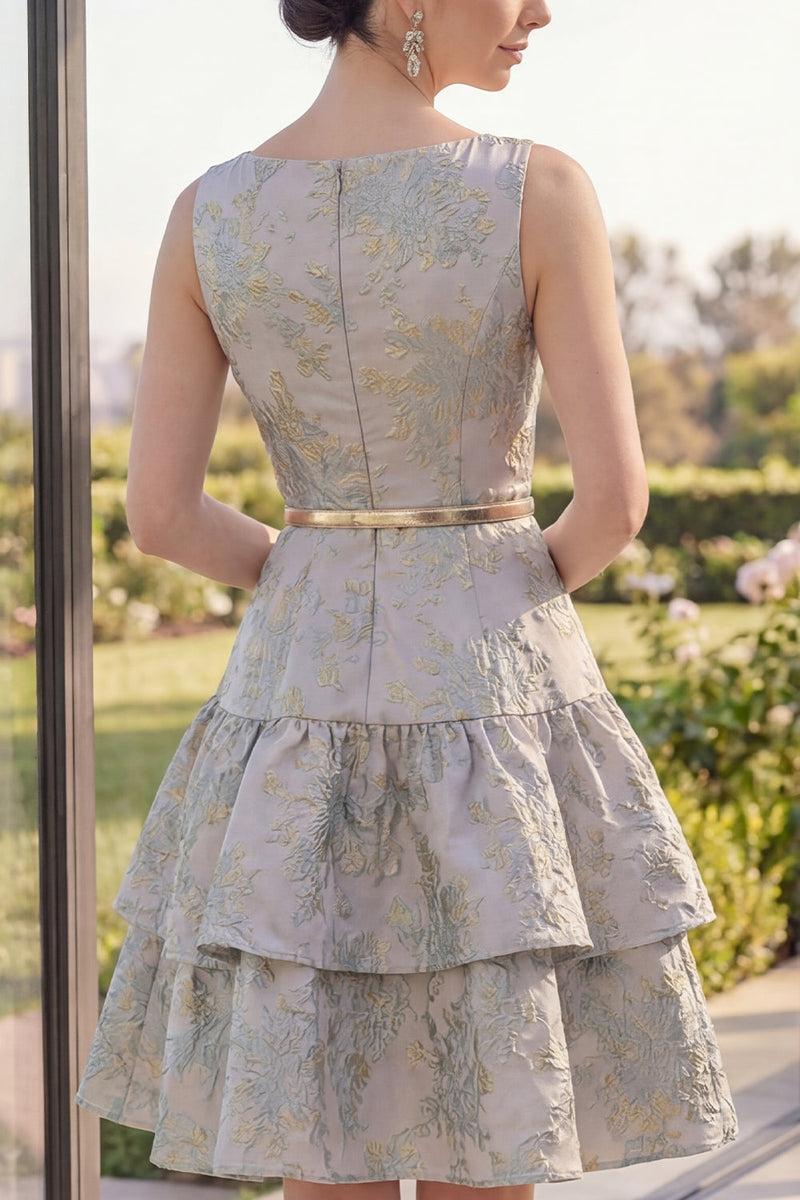 Load image into Gallery viewer, Short A Line Dusty Blue Ruffled Boat Neck Jacquard Wedding Guest Dress with Belt