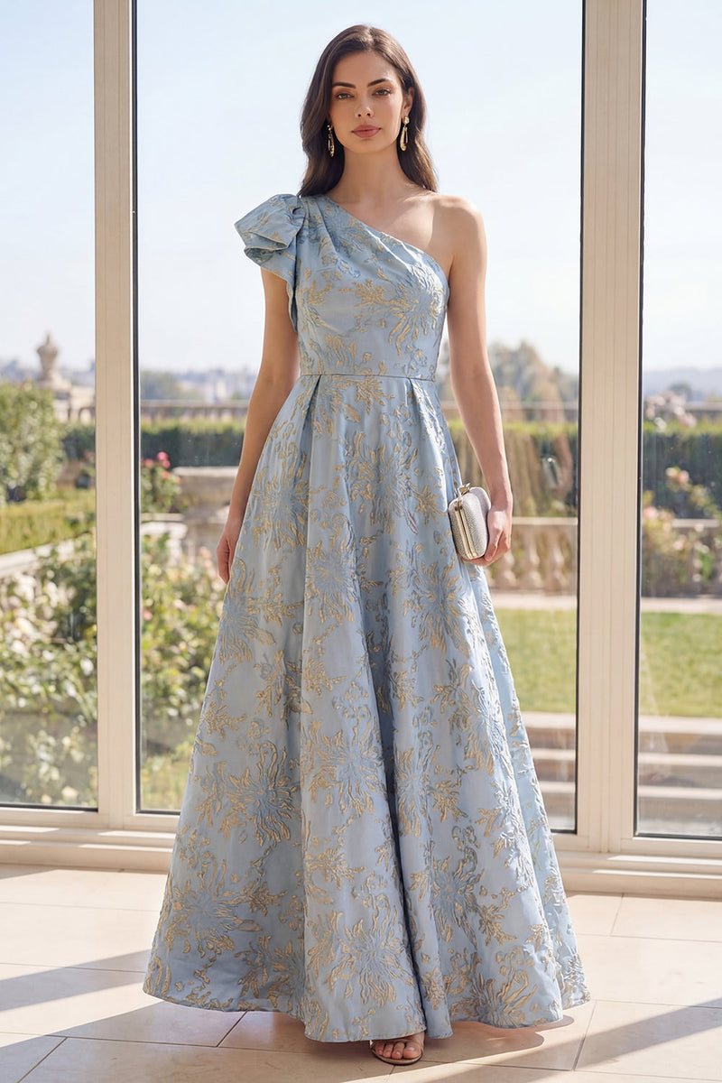 Load image into Gallery viewer, One Shoulder Jacquard A Line Dusty Blue Long Floral Wedding Guest Dress with Bow