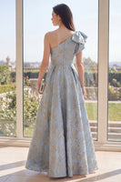 Load image into Gallery viewer, One Shoulder Jacquard A Line Dusty Blue Long Floral Wedding Guest Dress with Bow