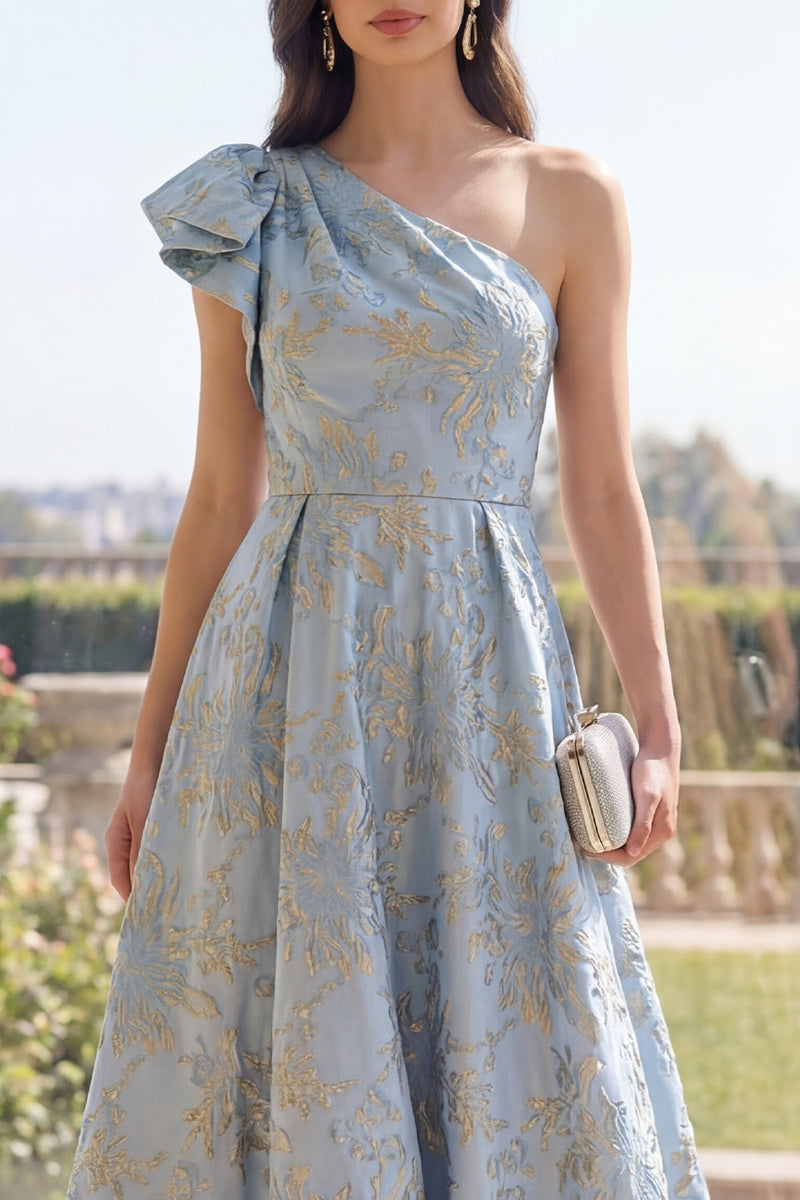 Load image into Gallery viewer, One Shoulder Jacquard A Line Dusty Blue Long Floral Wedding Guest Dress with Bow