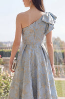 Load image into Gallery viewer, One Shoulder Jacquard A Line Dusty Blue Long Floral Wedding Guest Dress with Bow