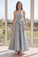 Load image into Gallery viewer, Jacquard Long A Line Floral Dusty Blue Wedding Guest Dress with Bow
