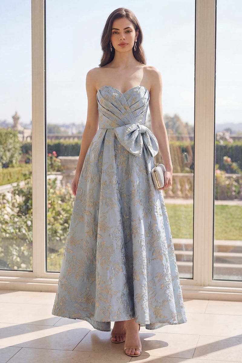 Load image into Gallery viewer, Jacquard Long A Line Floral Dusty Blue Wedding Guest Dress with Bow