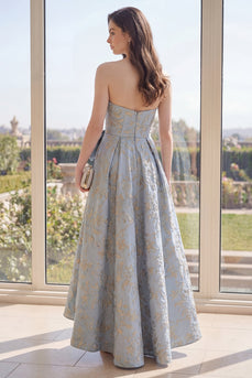 Jacquard Long A Line Floral Dusty Blue Wedding Guest Dress with Bow