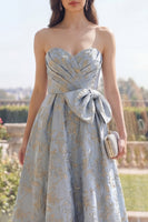Load image into Gallery viewer, Jacquard Long A Line Floral Dusty Blue Wedding Guest Dress with Bow