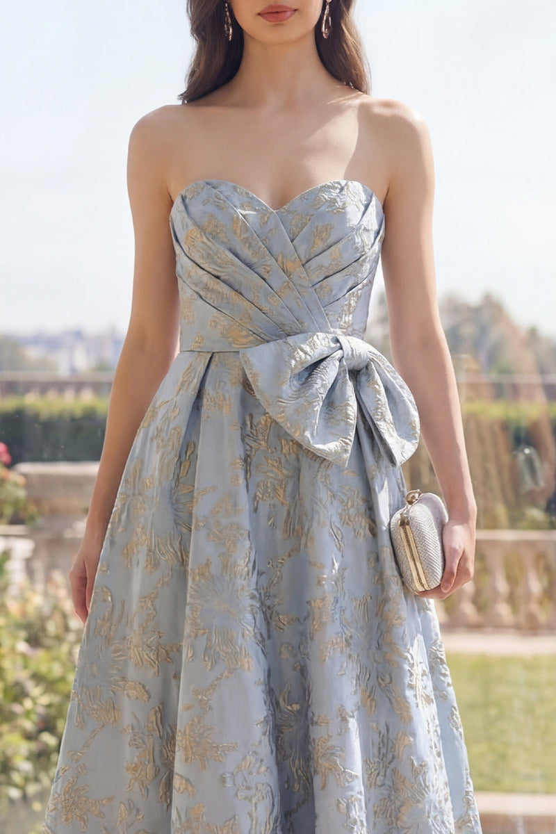 Load image into Gallery viewer, Jacquard Long A Line Floral Dusty Blue Wedding Guest Dress with Bow