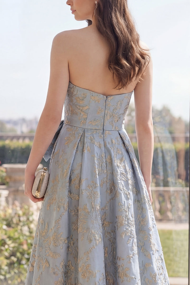 Load image into Gallery viewer, Jacquard Long A Line Floral Dusty Blue Wedding Guest Dress with Bow
