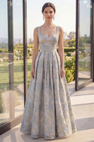 Load image into Gallery viewer, Thick Straps Jacquard A Line Dusty Blue Long Floral Wedding Guest Dress