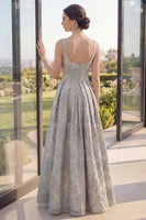 Load image into Gallery viewer, Thick Straps Jacquard A Line Dusty Blue Long Floral Wedding Guest Dress