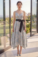 Load image into Gallery viewer, Asymmetrical V-Neck Jacquard A Line Dusty Blue Maxi Floral Wedding Guest Dress with Bow