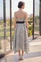 Load image into Gallery viewer, Asymmetrical V-Neck Jacquard A Line Dusty Blue Maxi Floral Wedding Guest Dress with Bow