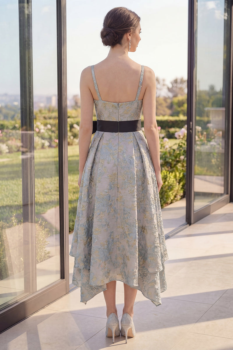 Load image into Gallery viewer, Asymmetrical V-Neck Jacquard A Line Dusty Blue Maxi Floral Wedding Guest Dress with Bow