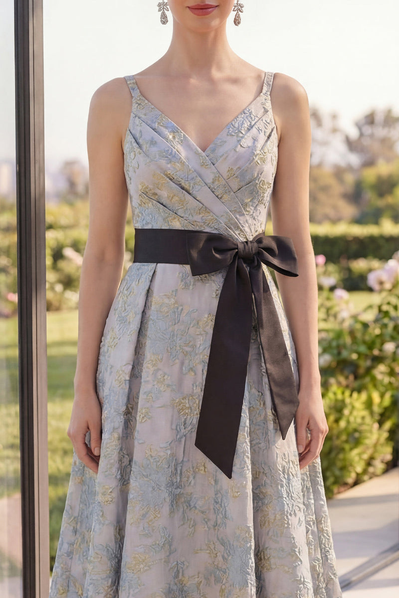 Load image into Gallery viewer, Asymmetrical V-Neck Jacquard A Line Dusty Blue Maxi Floral Wedding Guest Dress with Bow