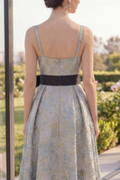Load image into Gallery viewer, Asymmetrical V-Neck Jacquard A Line Dusty Blue Maxi Floral Wedding Guest Dress with Bow