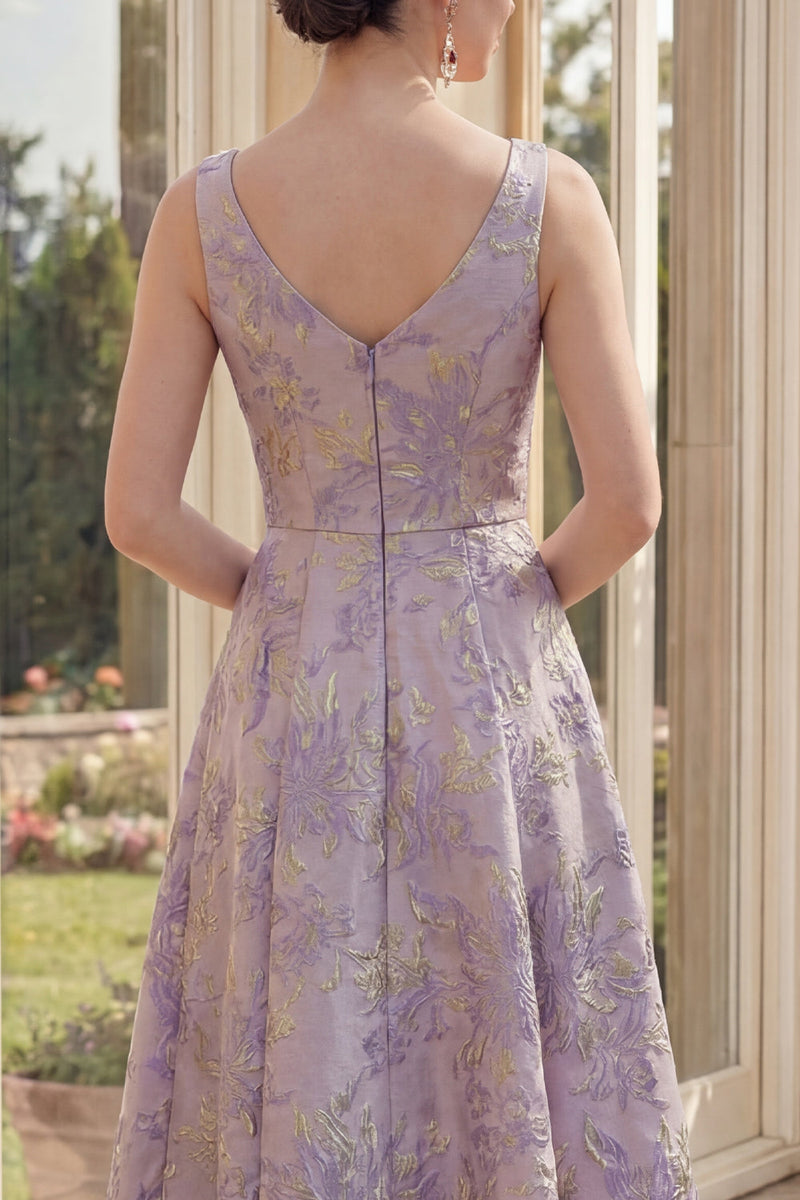 Load image into Gallery viewer, Thick Straps Jacquard A Line Dusty Lilac Maxi Floral Wedding Guest Dress