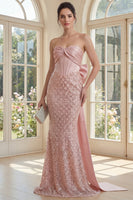 Load image into Gallery viewer, Sparkly Strapless Beaded Blush Long Mermaid Corset Formal Dress with Bow