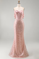 Load image into Gallery viewer, Sparkly Strapless Beaded Blush Long Mermaid Corset Formal Dress with Bow