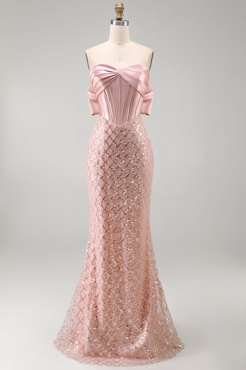Load image into Gallery viewer, Sparkly Strapless Beaded Blush Long Mermaid Corset Formal Dress with Bow