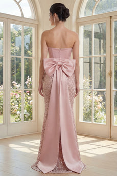 Sparkly Strapless Beaded Blush Long Mermaid Corset Formal Dress with Bow