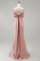 Load image into Gallery viewer, Sparkly Strapless Beaded Blush Long Mermaid Corset Formal Dress with Bow
