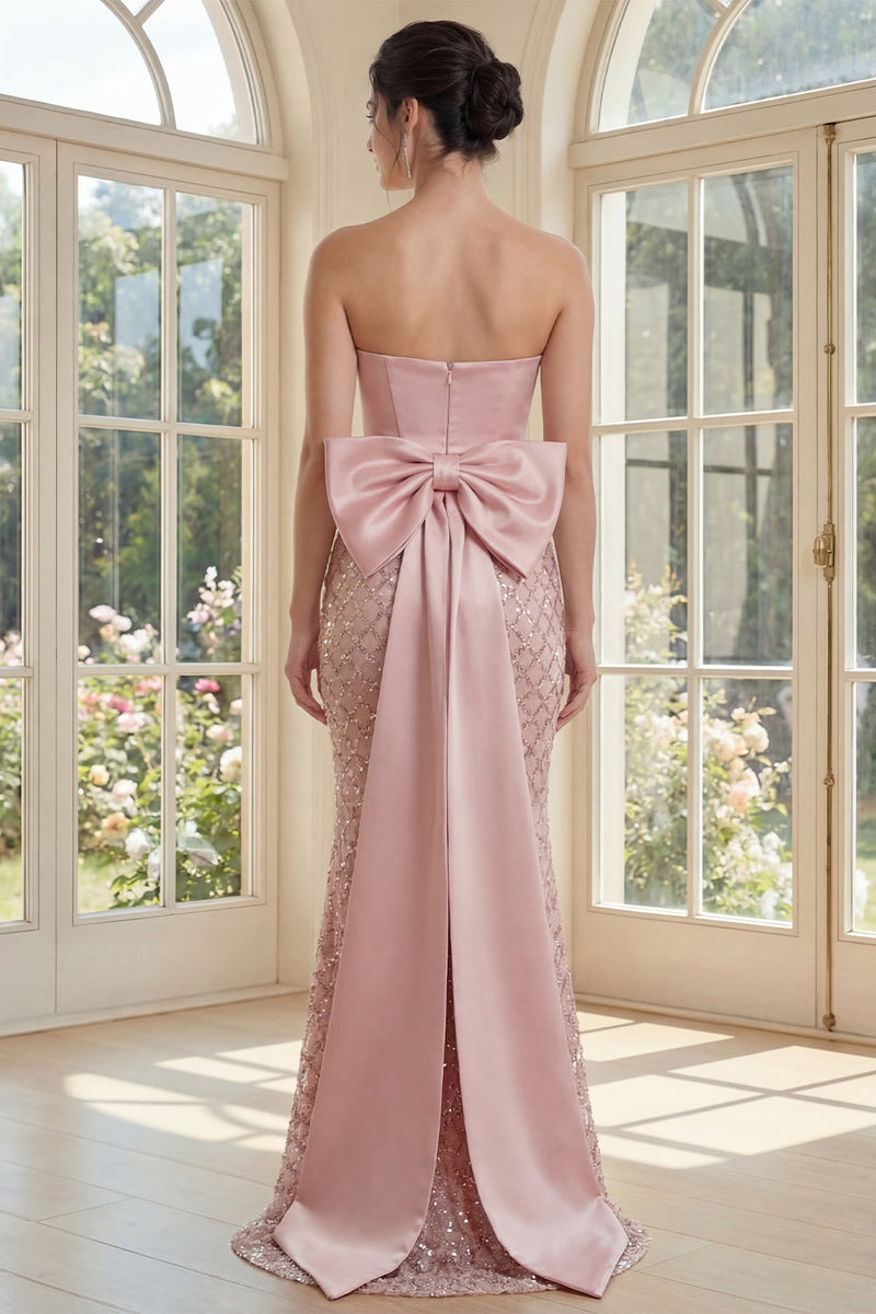 Load image into Gallery viewer, Sparkly Strapless Beaded Blush Long Mermaid Corset Formal Dress with Bow