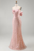 Load image into Gallery viewer, Sparkly Strapless Beaded Blush Long Mermaid Corset Formal Dress with Bow