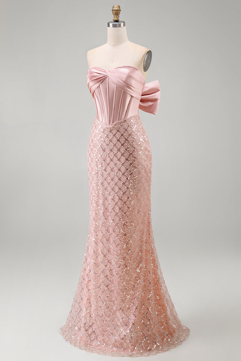 Load image into Gallery viewer, Sparkly Strapless Beaded Blush Long Mermaid Corset Formal Dress with Bow