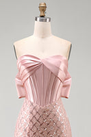 Load image into Gallery viewer, Sparkly Strapless Beaded Blush Long Mermaid Corset Formal Dress with Bow